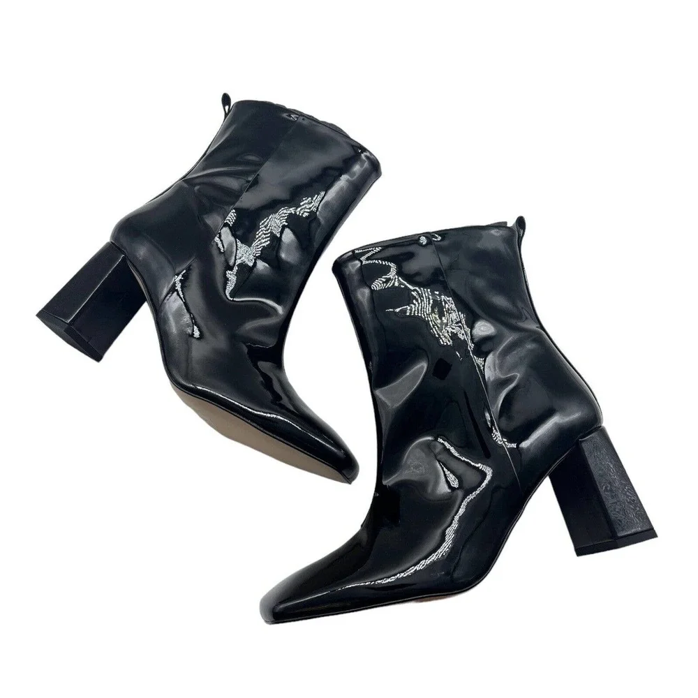 NWT Good American Black Patent Leather Shiny Block Heel Ankle Booties Size 7.5 - Picture 3 of 10